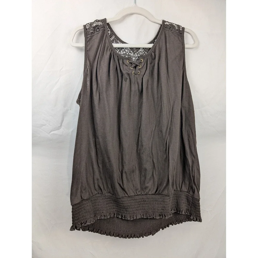 Y2K Lace Up Smocked Tank Size 2X Chocolate Brown Crochet Back Grunge Festival‎